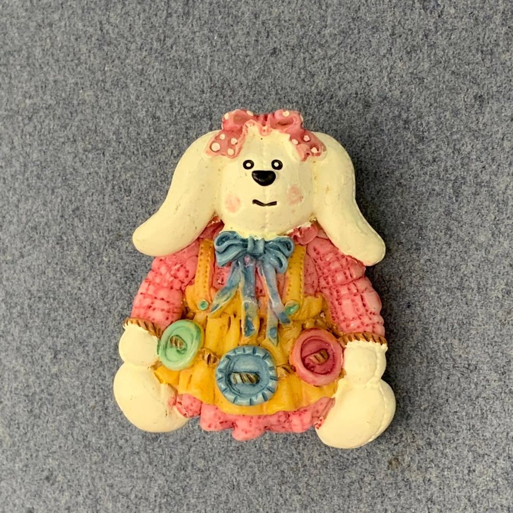 White Bunny Pin Brooch Rabbit Yellow Pinafore Pink